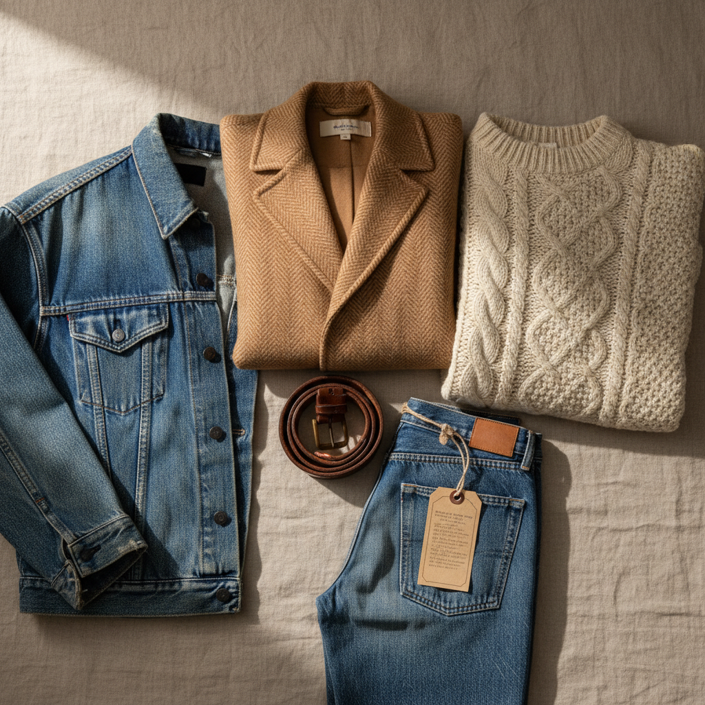 Piese vintage aranjate flat-lay: geacă de denim, palton camel, pulover tricotat, curea de piele și blugi cu etichetă