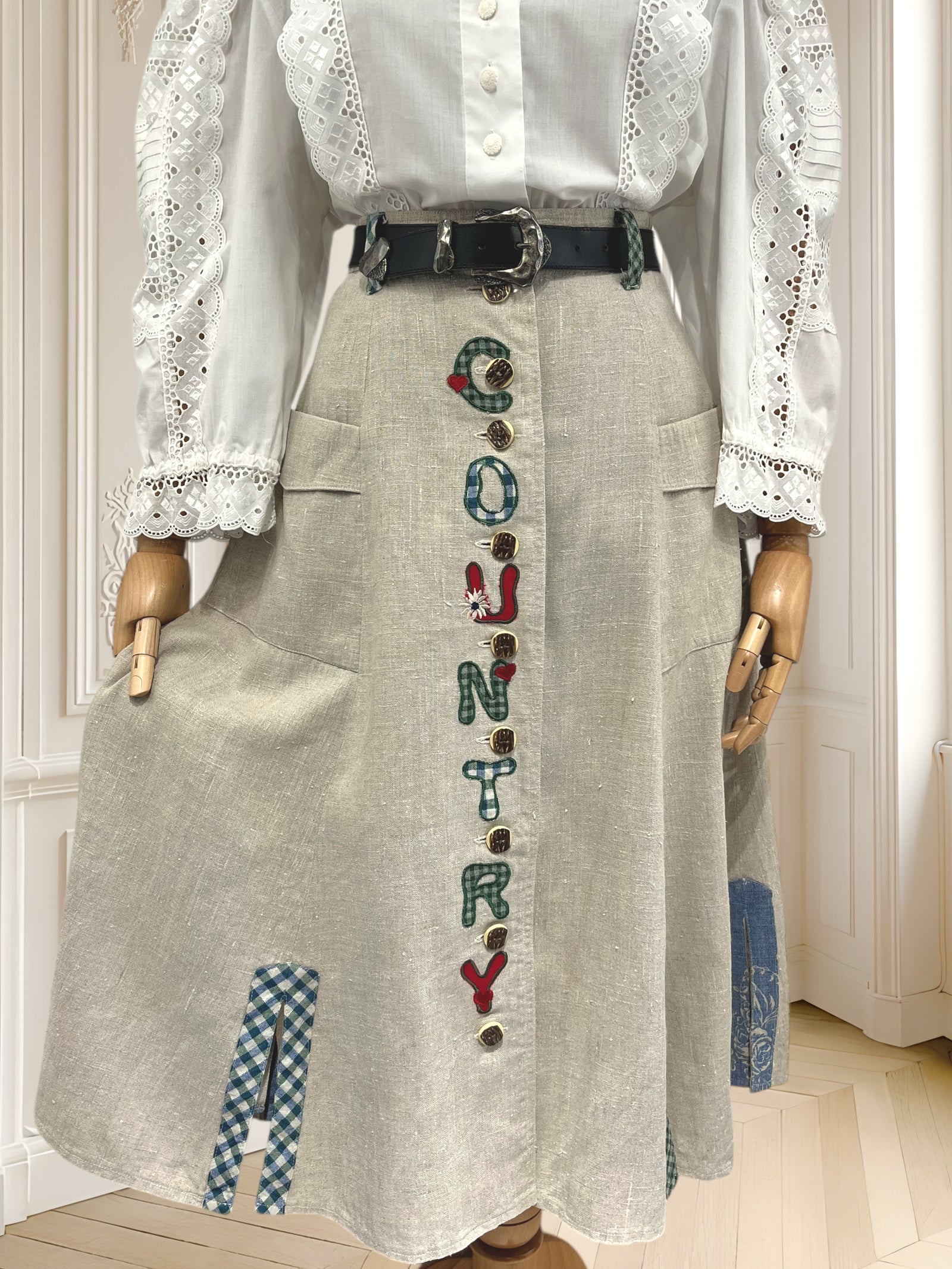 Fustă vintage din in cu curea din piele mărimea S