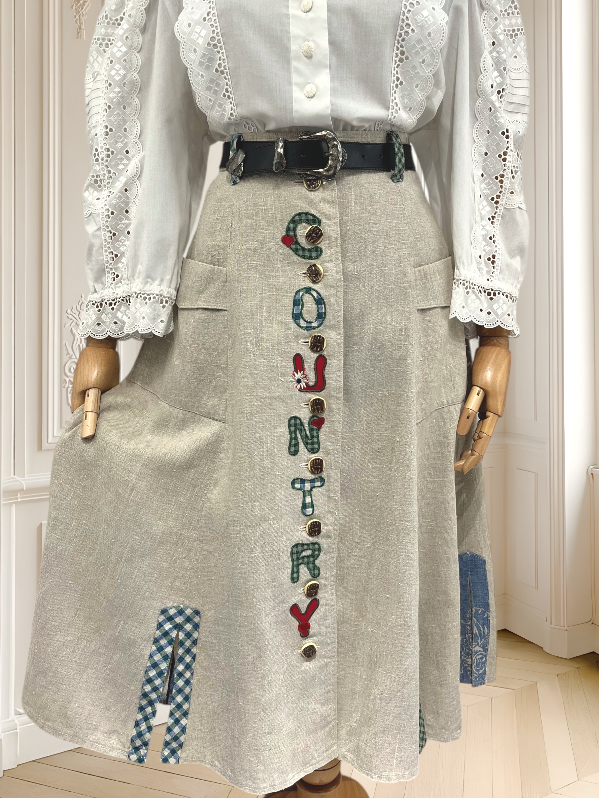 Fustă vintage din in cu curea din piele mărimea S