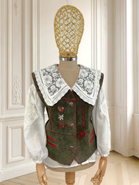 Vestă vintage din piele naturală cu detalii brodate mărimea M