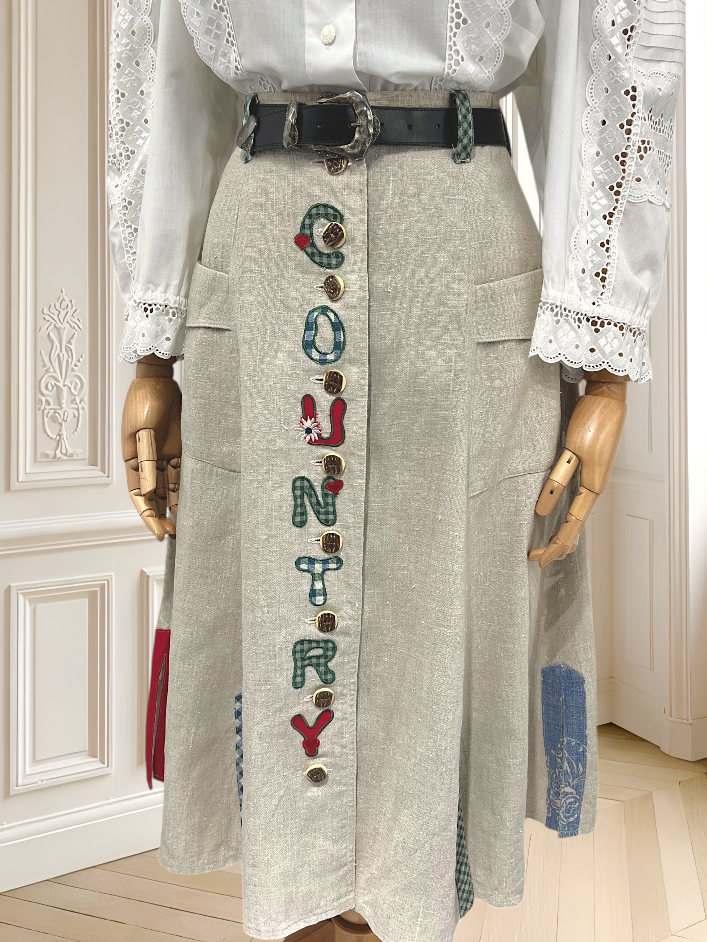 Fustă vintage din in cu curea din piele mărimea S