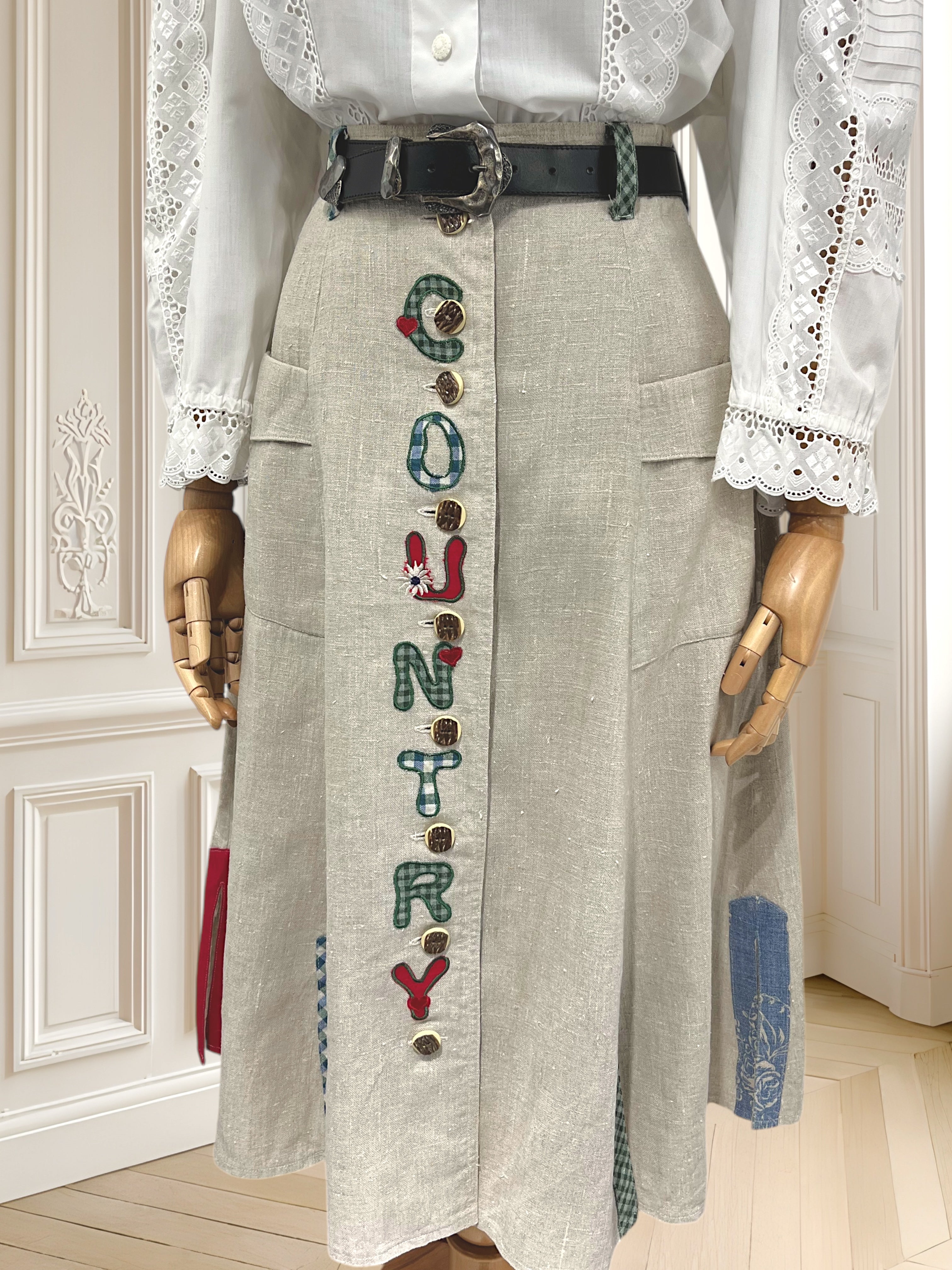 Fustă vintage din in cu curea din piele mărimea S