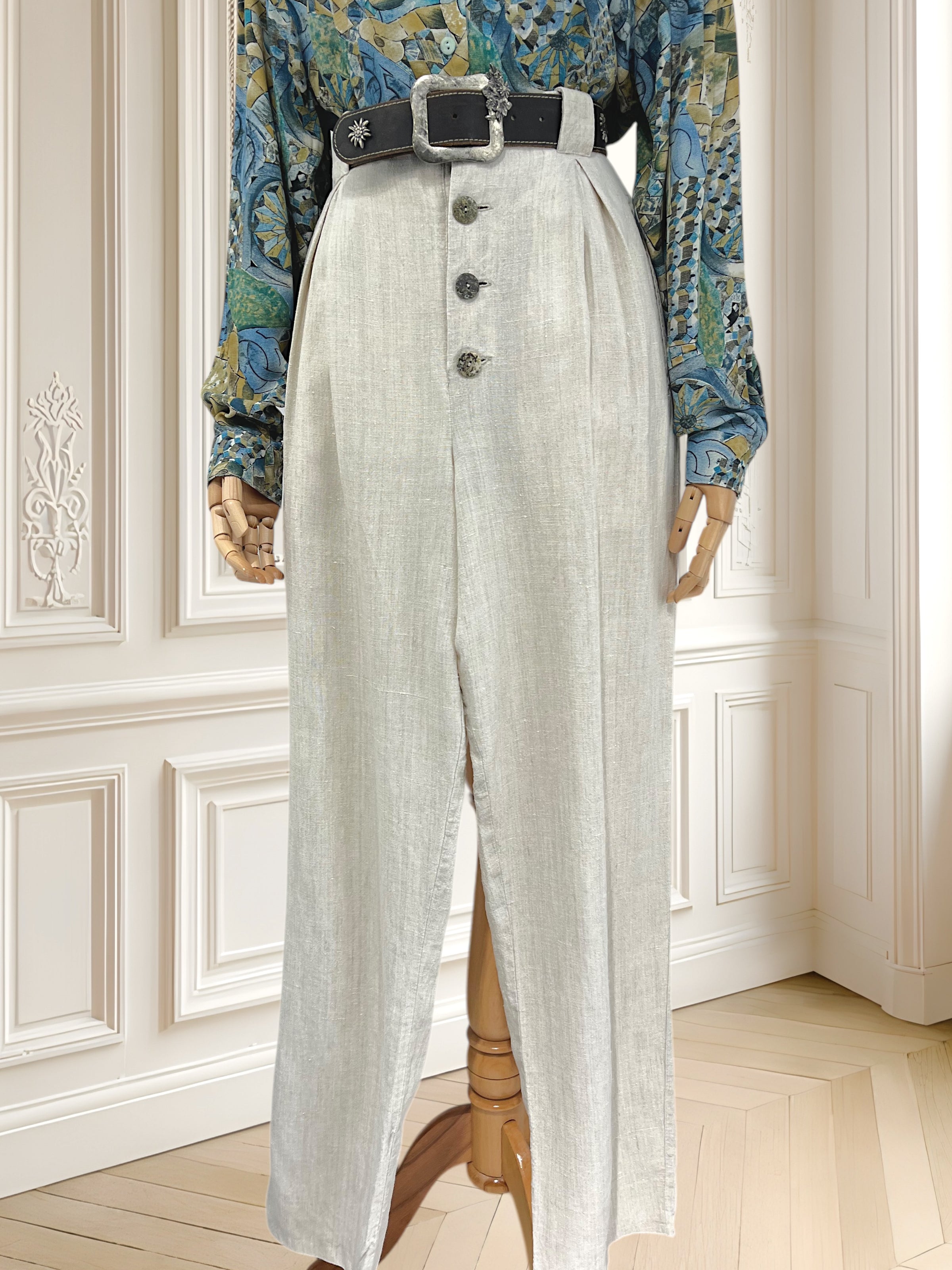 Pantaloni din in cu talie înaltă mărimea L