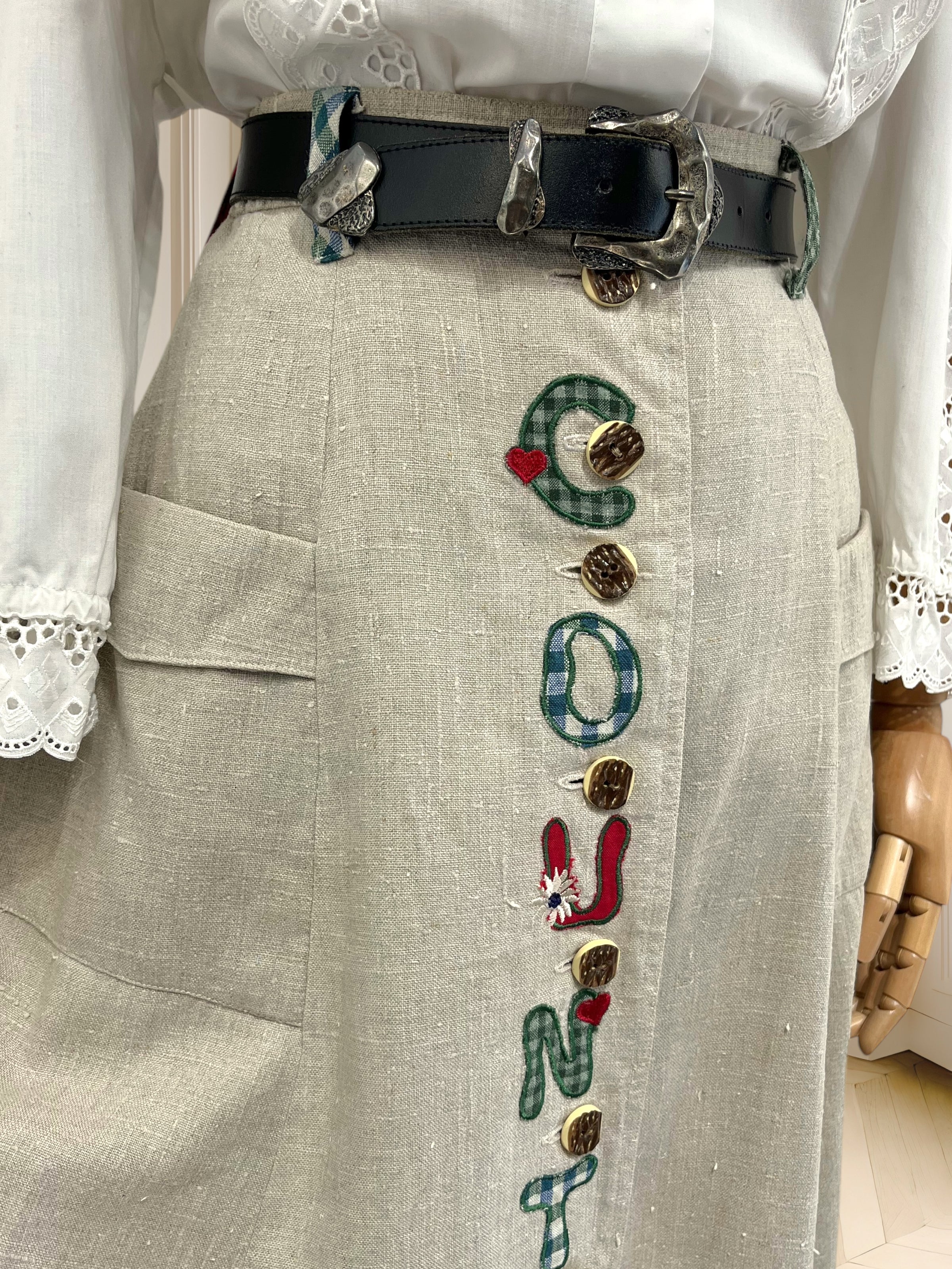 Fustă vintage din in cu curea din piele mărimea S