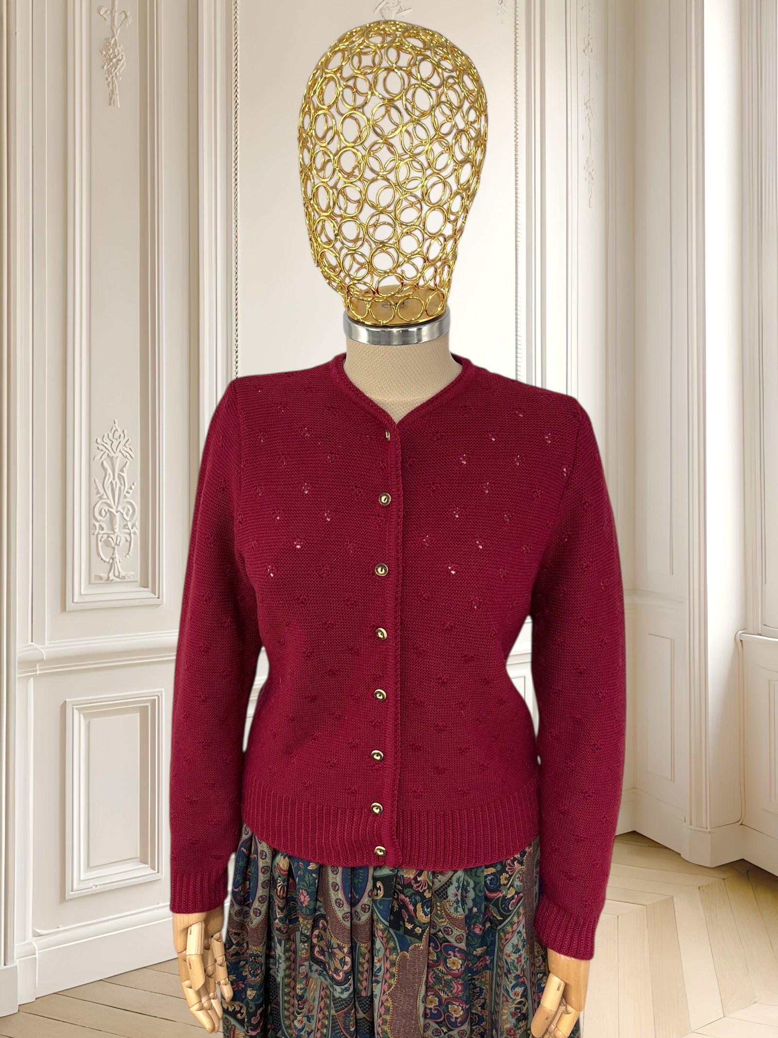 Cardigan vișiniu din lână pură potrivit pentru M/L