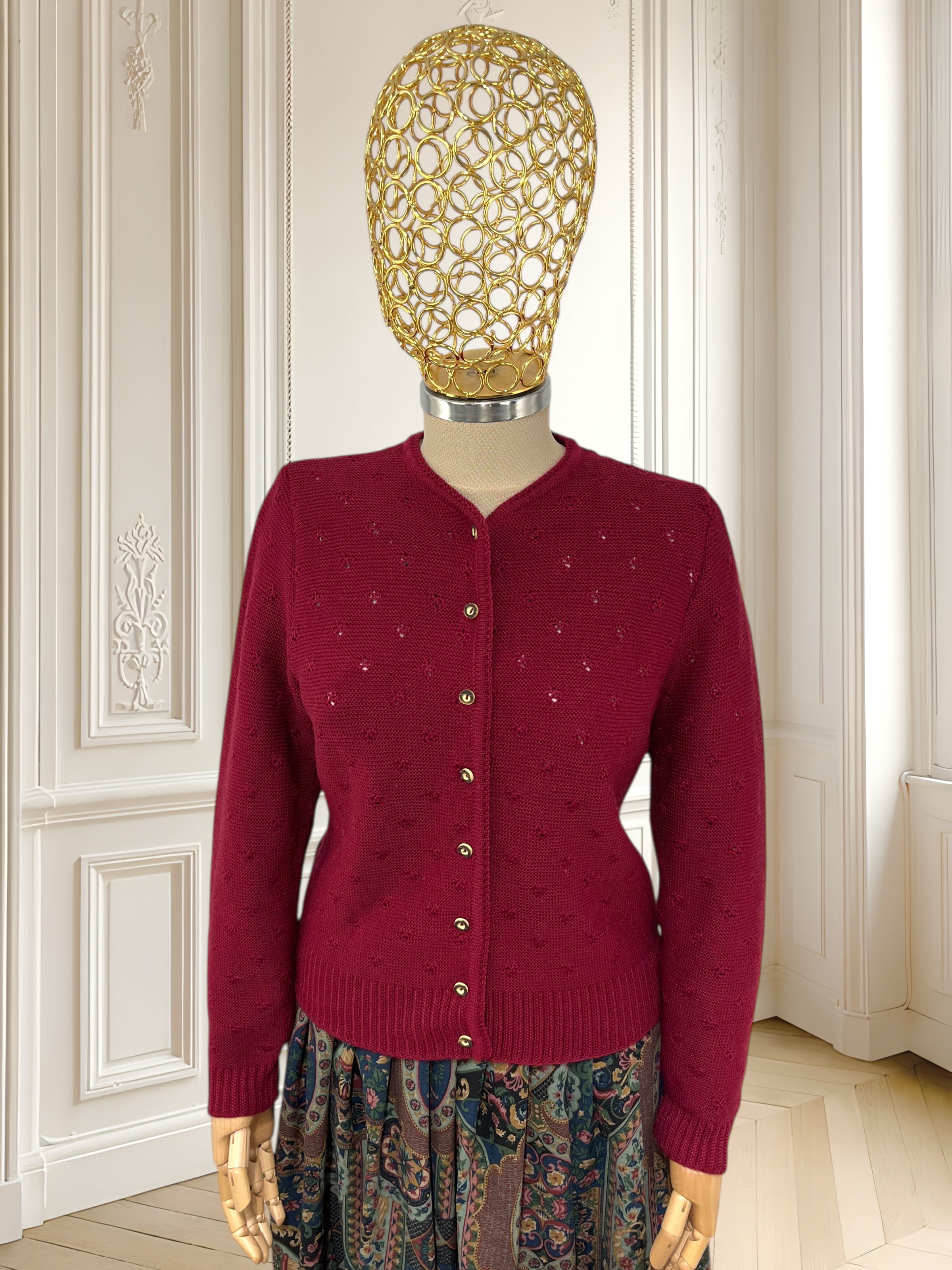Cardigan vișiniu din lână pură potrivit pentru M/L