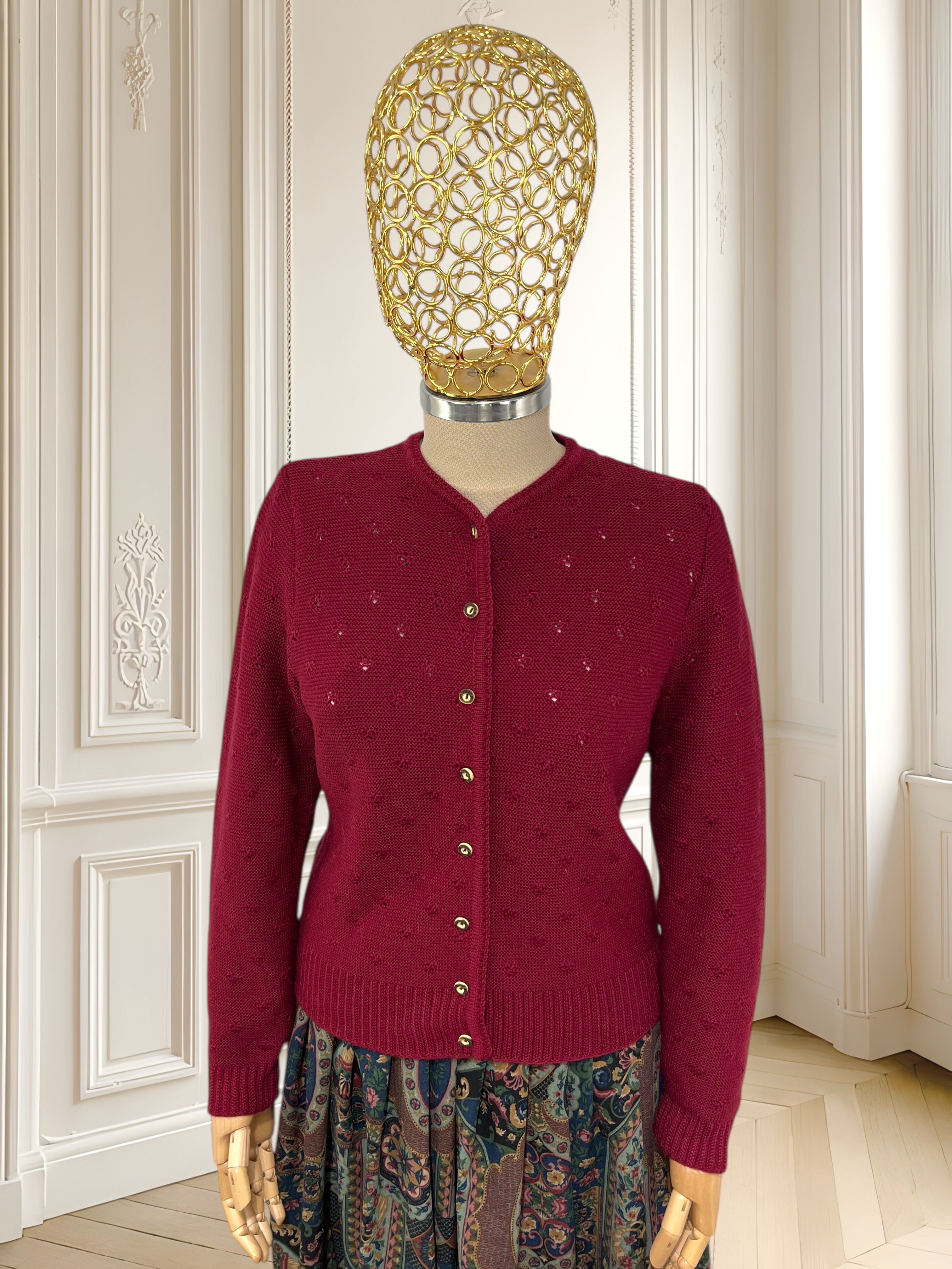 Cardigan vișiniu din lână pură potrivit pentru M/L
