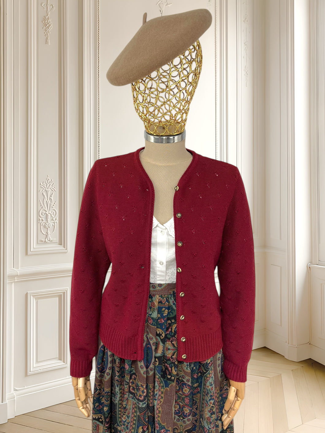 Cardigan vișiniu din lână pură potrivit pentru M/L