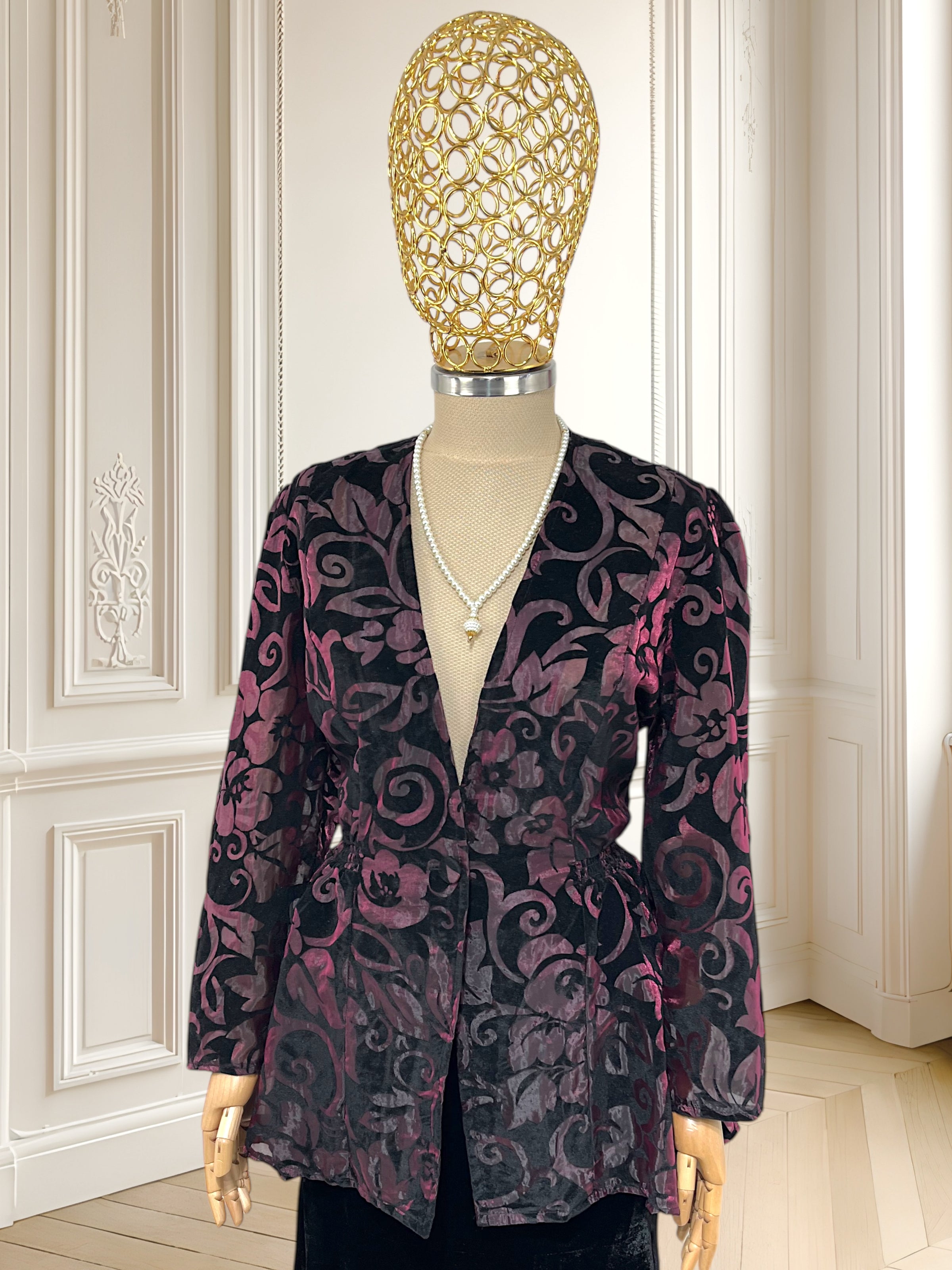 Cămașă vintage din catifea și organza potrivită pentru M/L