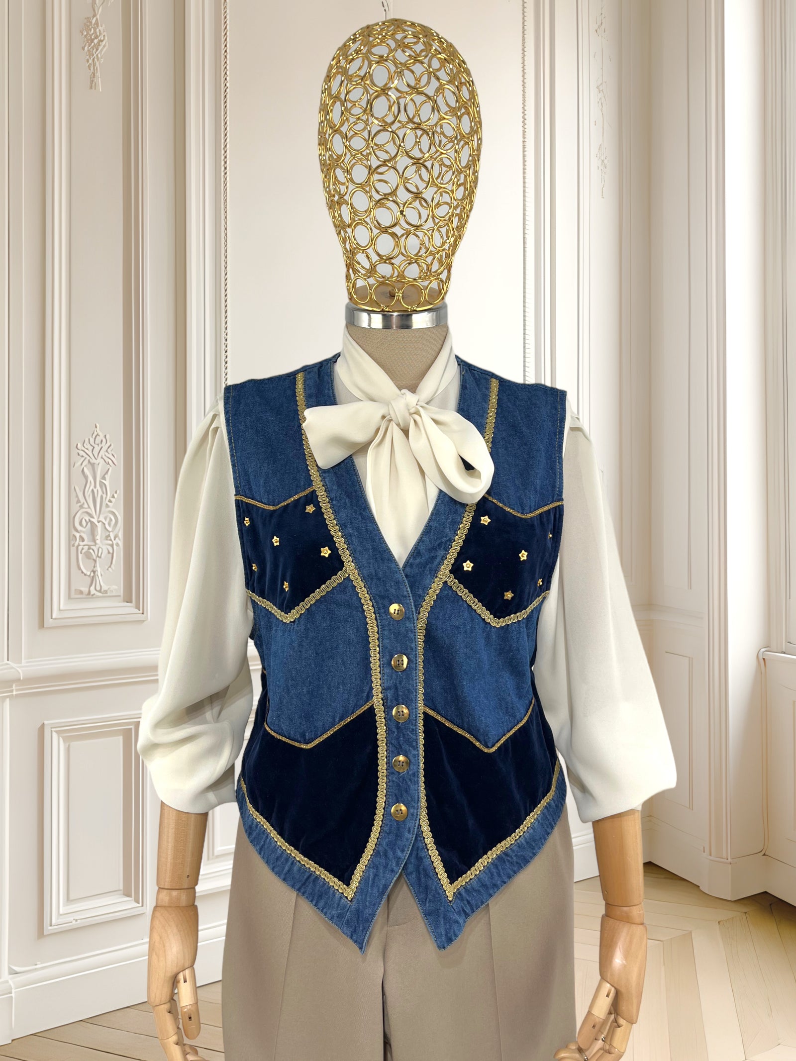 Vestă vintage din denim cu inserție de catifea mărimea M