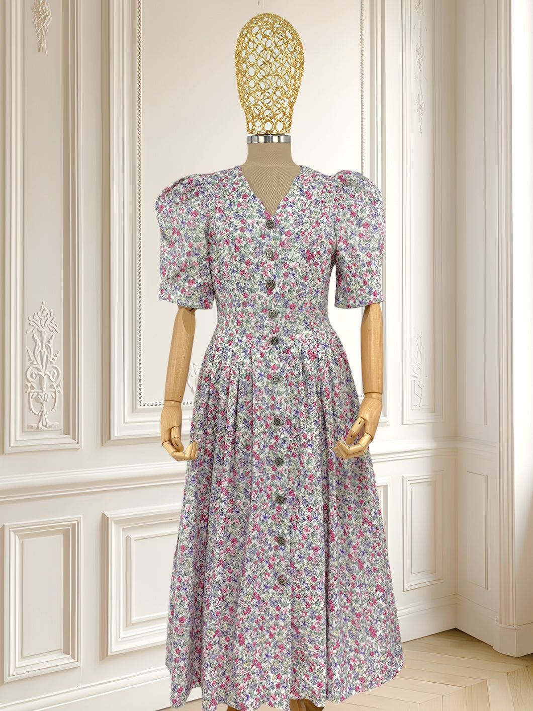 Rochie vintage cu print floral și mâneci bufante mărimea S